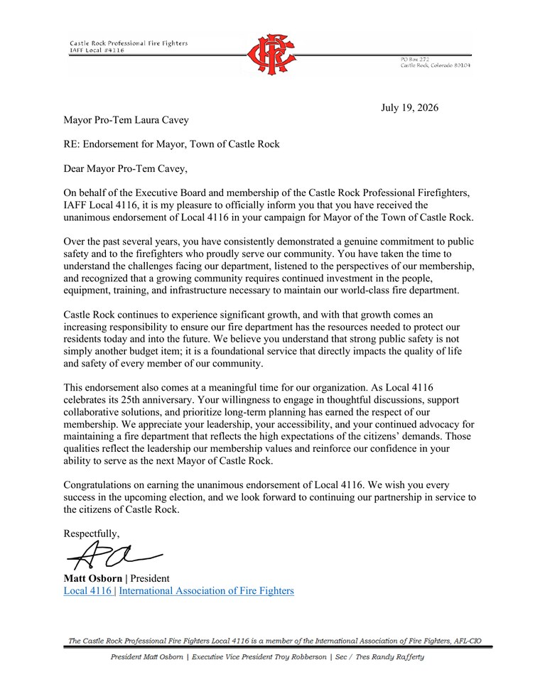 Endorsement letter from Castle Rock Professional Fire Fighters IAFF Local 4116, dated July 19, 2026, endorsing Laura Cavey for Mayor